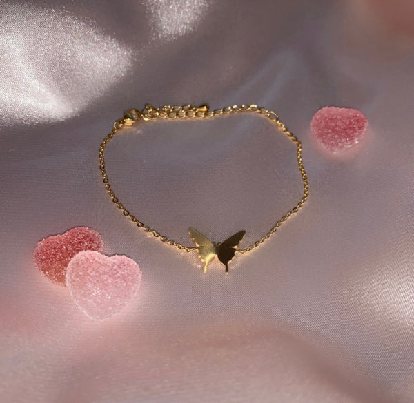 14K Solid Yellow Gold Butterfly Bracelet, Pink Enamel Butterfly